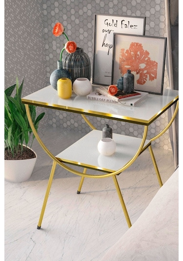 Yan Sehpa Komodin Metal Ayak Çift Gold Beyaz 1975 Beyaz