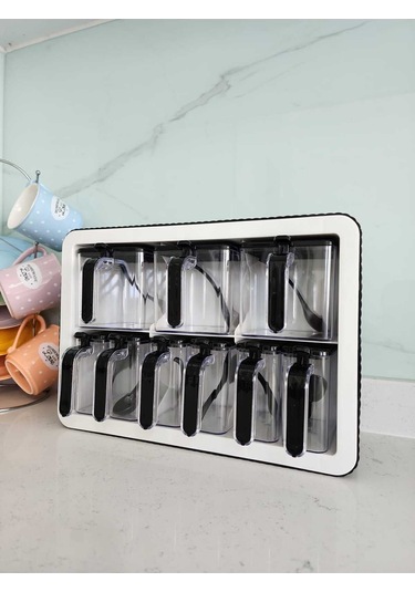 9'lu Baharatlık Takımı Standlı Kendinden Yapışkanlı Kaşıklı Ve Kapaklı Baharatlık Seti Çok Renkli