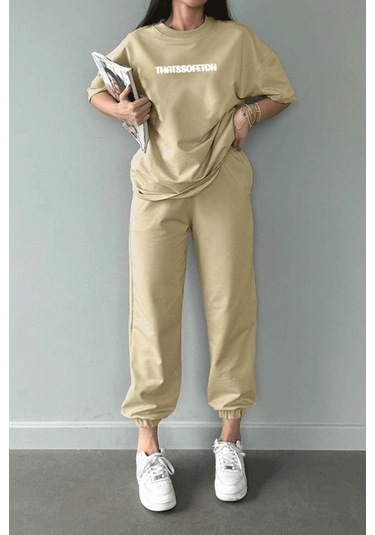 Thatssofetch T-shirt Eşofman Altı Jogger - Bej Baskı Alt Üst Eşofman Takımı Oversize Bisiklet Yaka Bej