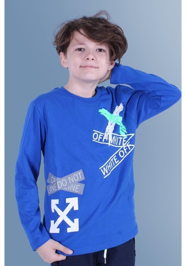 X Baskılı Uzun Kollu Erkek Çocuk Indigo Sweatshirt İndigo