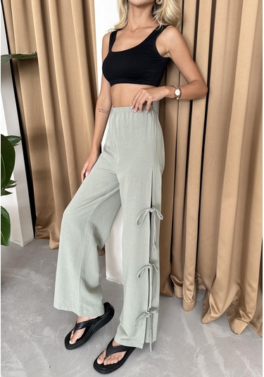 Haki %100 Pamuk Yan Yırtmaç Ve Bağlama Detaylı Pantolon Haki