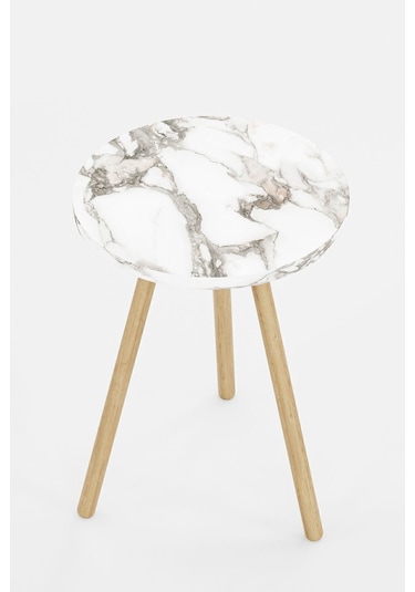İntergo Yuvarlak Ahşap Ayaklı Tekli Zigon Yan Sehpa Beyaz Mermer