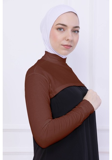 Balıkçı Yaka Boyunluklu Kolluk Kiremit - Likralı Dik Yakalı Kadın Body Tesettür Crop Bolero Kiremit
