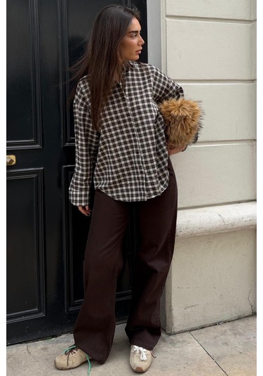 Madmext Camel Oversize Kareli Kadın Gömlek Mg2822