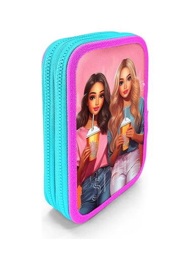 Coral High Kids Pembe Neon Mercan Fashion Girl Desenli Çift Katlı Kalem Çanta 11141 Neon Mercan