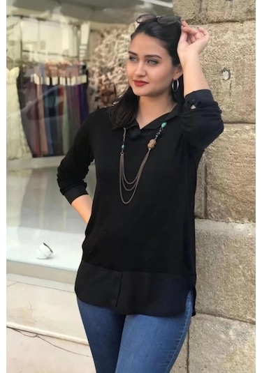 İçten Gömlek Çıkmalı Bluz Siyah