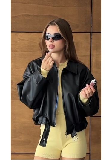 Prifaldi Premium Oversiz Bomber Deri Ceket Siyah