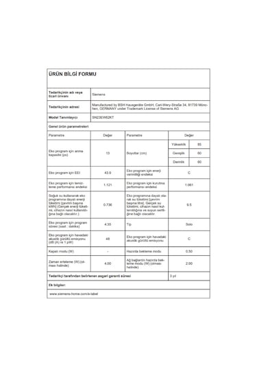 Siemens SN23EW62KT 6 Programlı 13 Kişilik Bulaşık Makinesi
