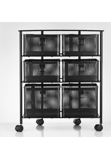 Metal Tekerlekli Paslanmaz Sebzelik 6 Bölmeli 3 Katlı Siyah Siyah