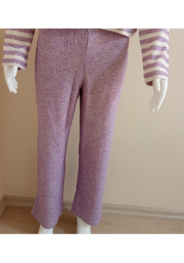 Crop Kesim Çizgili Pijama Takımı Dowry Mor