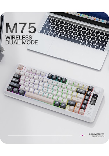 M75 Kablosuz 2.4ghz Kablosuz + Bt Çift Modlu Klavye Led Ekranlı Oyun Klavyesi İle Pbt Knob Rainbow