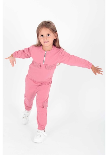 Ahengim Kız Çocuk Cepleri Baskılı Eşofman Takımı Ak2232 Gül Kurusu