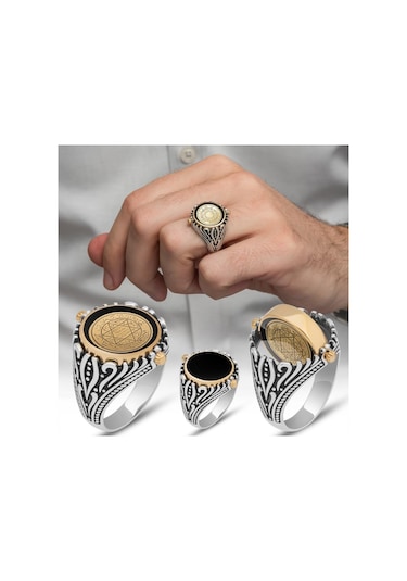 Çift Tarafli Mührü Süleyman İşleme 925 Gümüş Erkek Yüzük