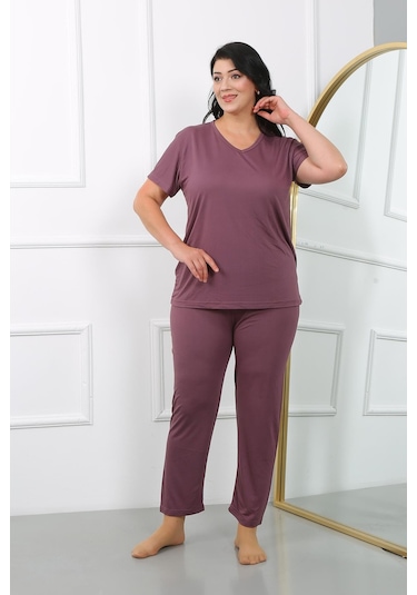 Akbeniz Kadın Büyük Beden Kısa Kol Penye Pijama Takımı Mürdüm 202405-mürdüm Mürdüm