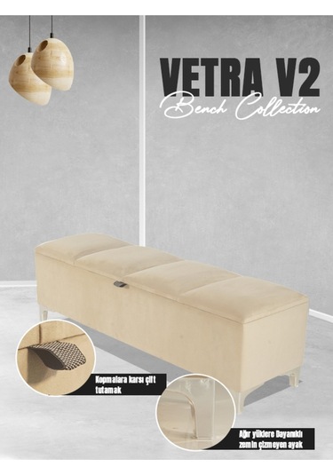 Vetra V2 Sandıklı Puf  Krem Dilimli Model Sandıklı Puf Bench - Sandıklı Yatak Ucu Bankı