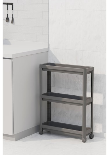 3 Katlı Tekerlekli Slim Raf Ünitesi, Mutfak Rafı, Banyo Rafı Gri