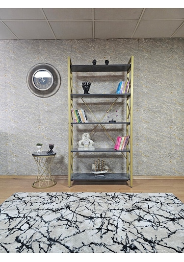 Gold Boyalı Kitaplık - 5 Raflı Suntalem Lüks Kitaplık Aris Gri Çok Renkli