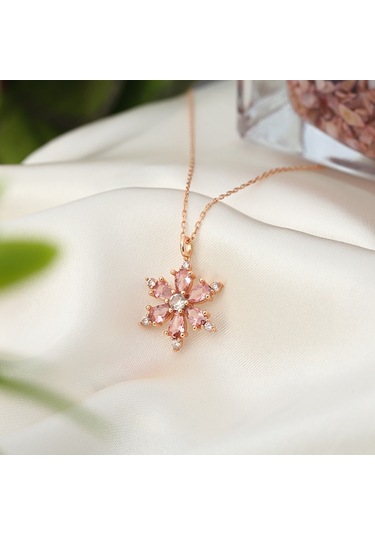 Gümüş Zincirli, Pembe Taşlı, Rose Lotus Kamelya Çiçeği Kolye