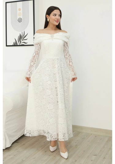 Aşkın Büyüsü Dantel Abiye Elbise 6055-beyaz Beyaz