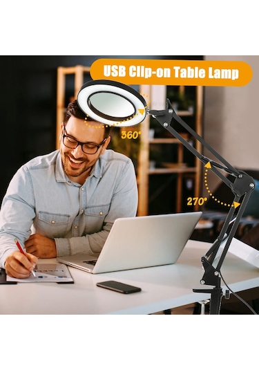 Tomshine Siyah Tomshine Esnek Kelepçeli Masa Lambası, 8x Büyüteçli