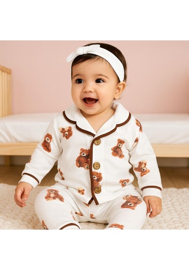 Alpbebe Bear Önden Düğmeli Mevsimlik 2 Parça Pjama Takımı -krem Krem