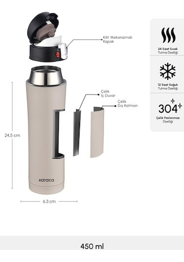 Karaca Pluton Çelik Sızdırmaz Termos Krem 450 ml