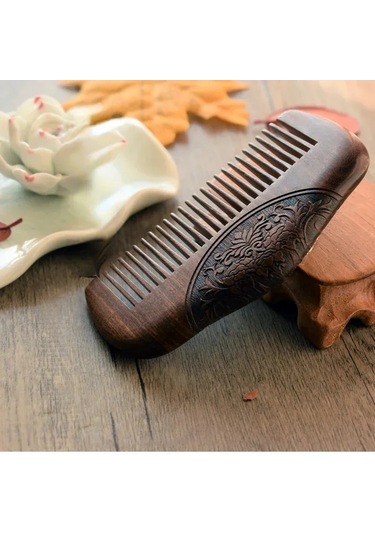 Doğal Siyah Abanoz Ultra Dar Dişli Ahşap Tarak Başlık Saç Fırçası