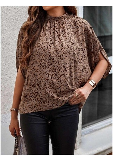 Yaz Dantel-up Leopar Baskı Batwing Kısa Kollu Bluz Zarif Gevşek Rahat Standı Yaka Gömlek Moda Şık Üstleri Kadın 25320 Orion