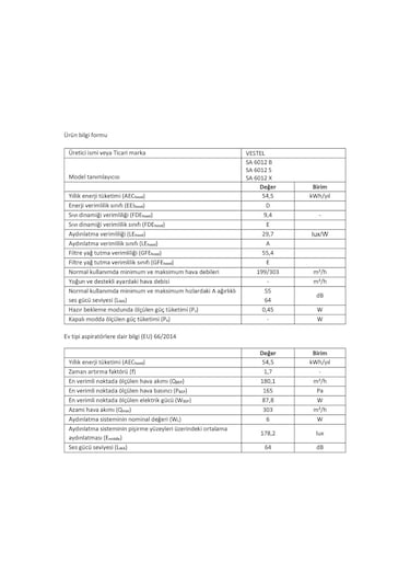 Vestel SA 6012 S Sürgülü Aspiratör