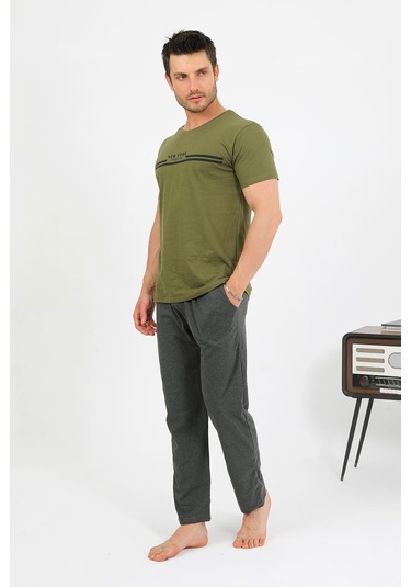 Akbeniz Erkek Pamuk Kısa Kol Pijama Takım Haki 6875 Haki