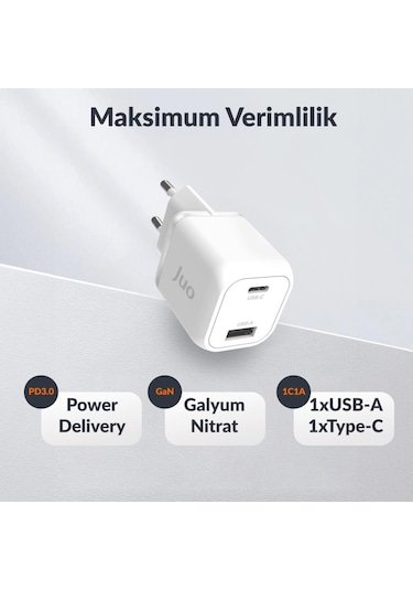 Juo 35W GaN USB-C + USB-A Şarj Aleti iPhone & iPad & Samsung PPS Uyumlu PD QC4.0 Type-C Hızlı Şarj Cihazı Beyaz