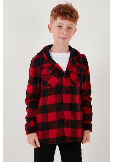 Lela Kapüşonlu Çift Cepli Ekoseli Oduncu Erkek Çocuk Gömlek Cf25W81787 Kırmızı