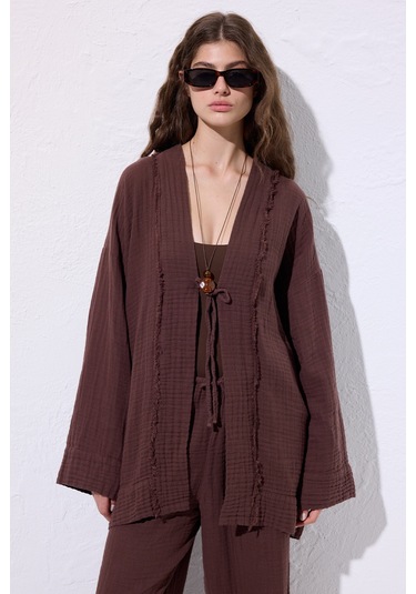 Müslin Geniş Kollu Kimono Acı Kahve Acı Kahve