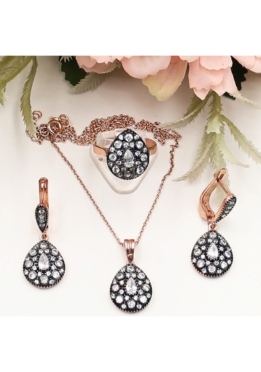 Elmas Montürlü Damla Taşlı Damla Set Rose Gold - Gümüş