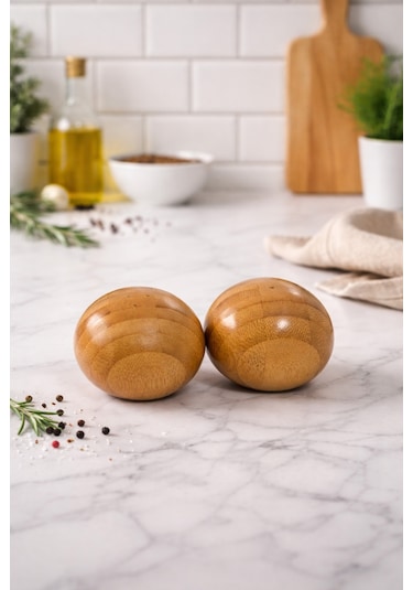 Makri Home Yuvarlak Bambu Tuzluk & Karabiberlik Seti Doğal Bambu Baharatlık Diğer