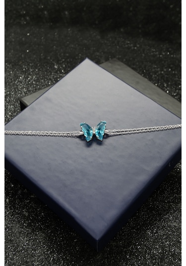 Turkuaz Mavisi Kelebek Özel Taşlı 925 Ayar Gümüş Ayarlanabilir Bileklik - Gümüş