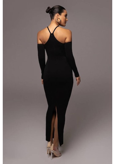 Uzun Göğüs Dekolte Elbise-Siyah