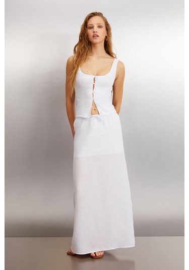 GRIMELANGE Ombretta Kadın %100 Keten Regular Beyaz Etek Beyaz