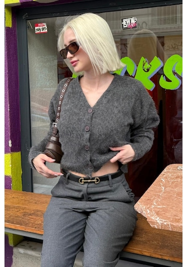 Antrasit V Yaka Kadın Triko Hırka Mg2462 Antrasit