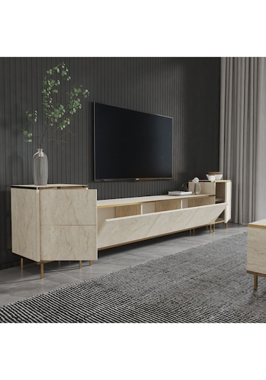 İmaj Tv Ünitesi Ve Komodin Set Traverten/gold, Oturma Odası Set, Tv Sehpası - Traverten Traverten