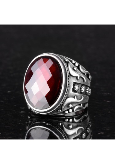 Yapılmış Taş Yüzük, 925 Ayar Gümüş Yüzük, Tasarım Gümüş Erkek Yüzüğü Yapılmış Granat Taşı Gümüş