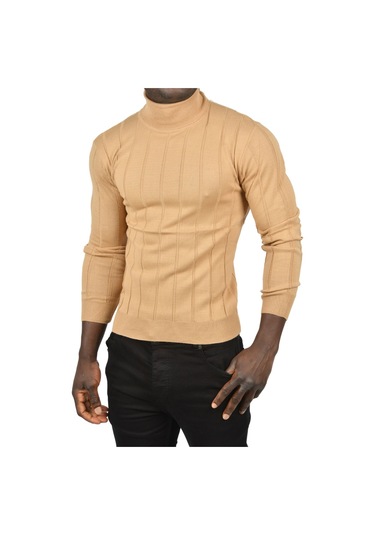 Deepsea Erkek Camel Slim Fit Likralı Tam Balıkçı Yaka Çizgili Boğazlı Kazak 2505504 Camel