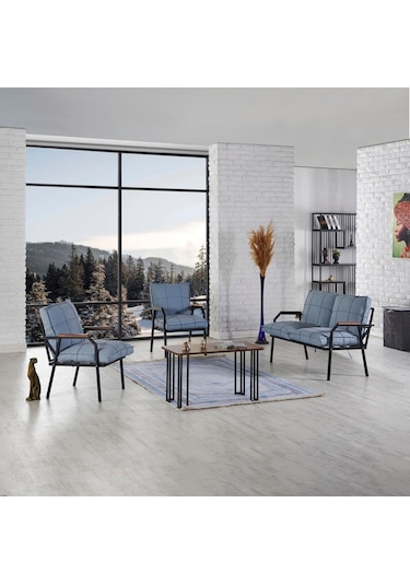 Mygusi Hayal Balkon, Bahçe, Cafe - Metal Kanepe Koltuk Takımı - 2+1+1 Sehaplı Mavi