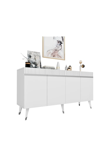 Apollon Konsol Tv Sehpası Çok Amaçlı Dolap Beyaz Gümüş