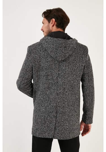Buratti Çıkarılabilir Kapüşonlu Kırçıllı Slim Fit Kaşe Erkek Kaban 5841013 Siyah Noktalı