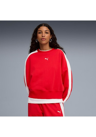 Puma T7 Over Oversized Crew Kadın Kırmızı Bisiklet Yaka Sweatshirt Kırmızı