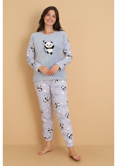 Fawn 1204 Peluş Welsoft Polar Kışlık Yumoş Panda Kadın Pijama Takımı Açık Mavi