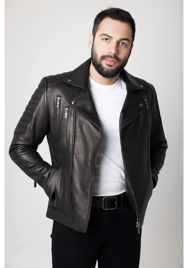 Derije Lucas Hakiki Jumbo Deri Erkek Siyah Biker Motorcu Tarzı Ceket-mont Siyah