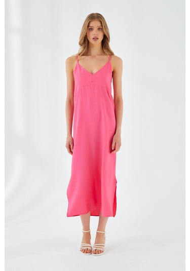 4252 Kadın İp Askılı V Yaka Elbise Fuşya Fuşya