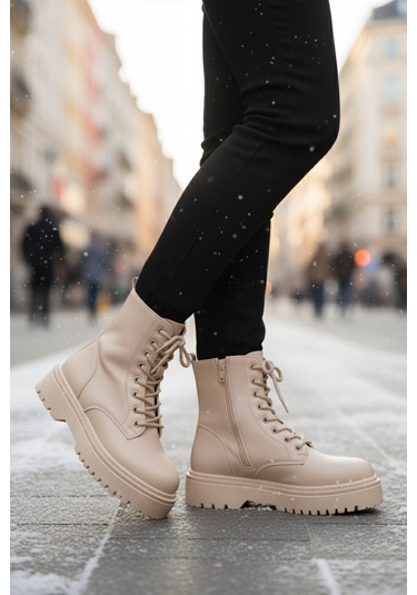 Aspor Bej Bağcıklı Fermuarlı Polarlı Kadın Bot Çok Renkli